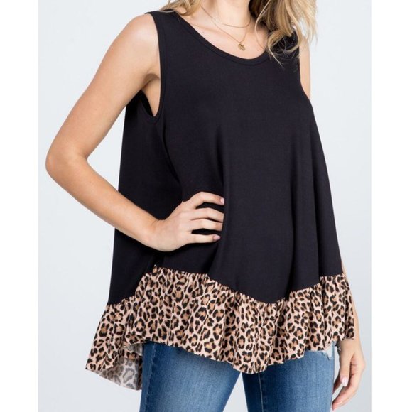 ANIMAL PRINTED FABRIC CONTRAST RUFFLE TANK TOP - Picture 2 of 8